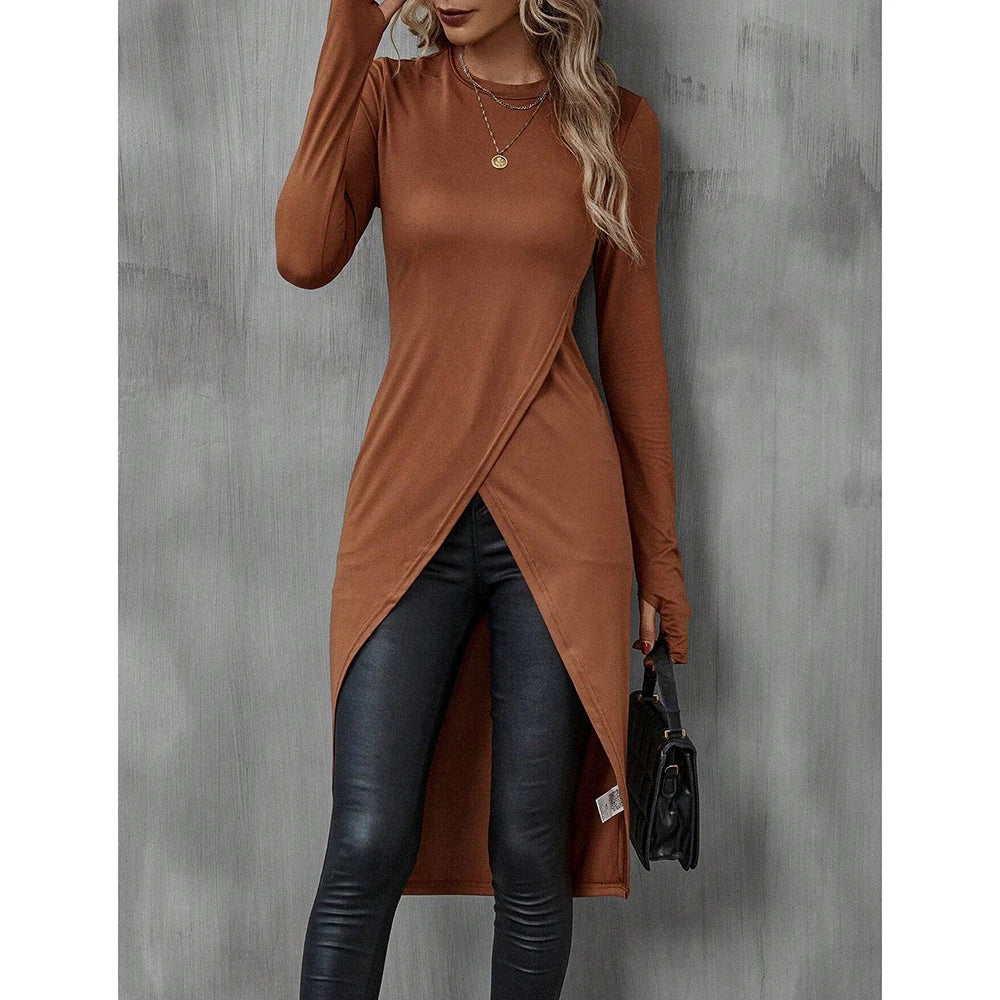 Camiseta Longa Feminina de Outono | Gola Redonda e Estilo High Street