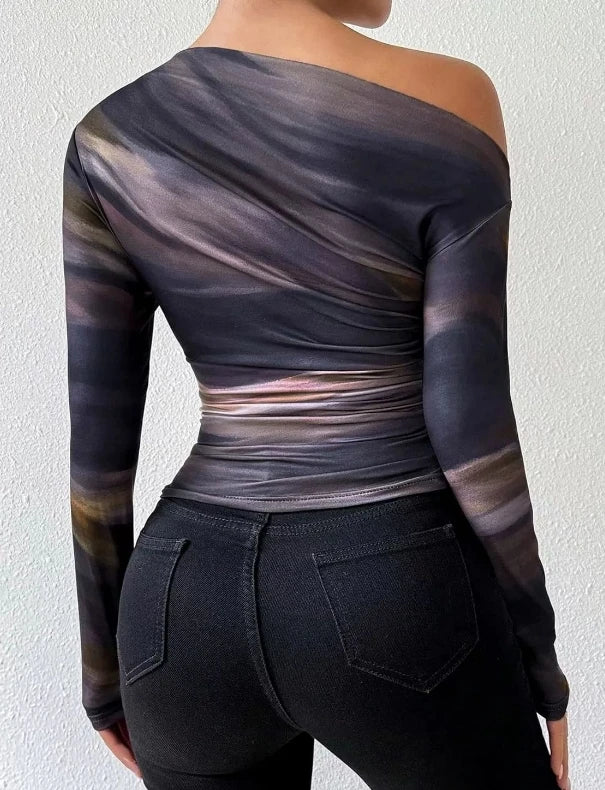 Blusa Feminina Tie Dye Manga Longa com Babado Assimétrico | Estilo Doce e Ousado